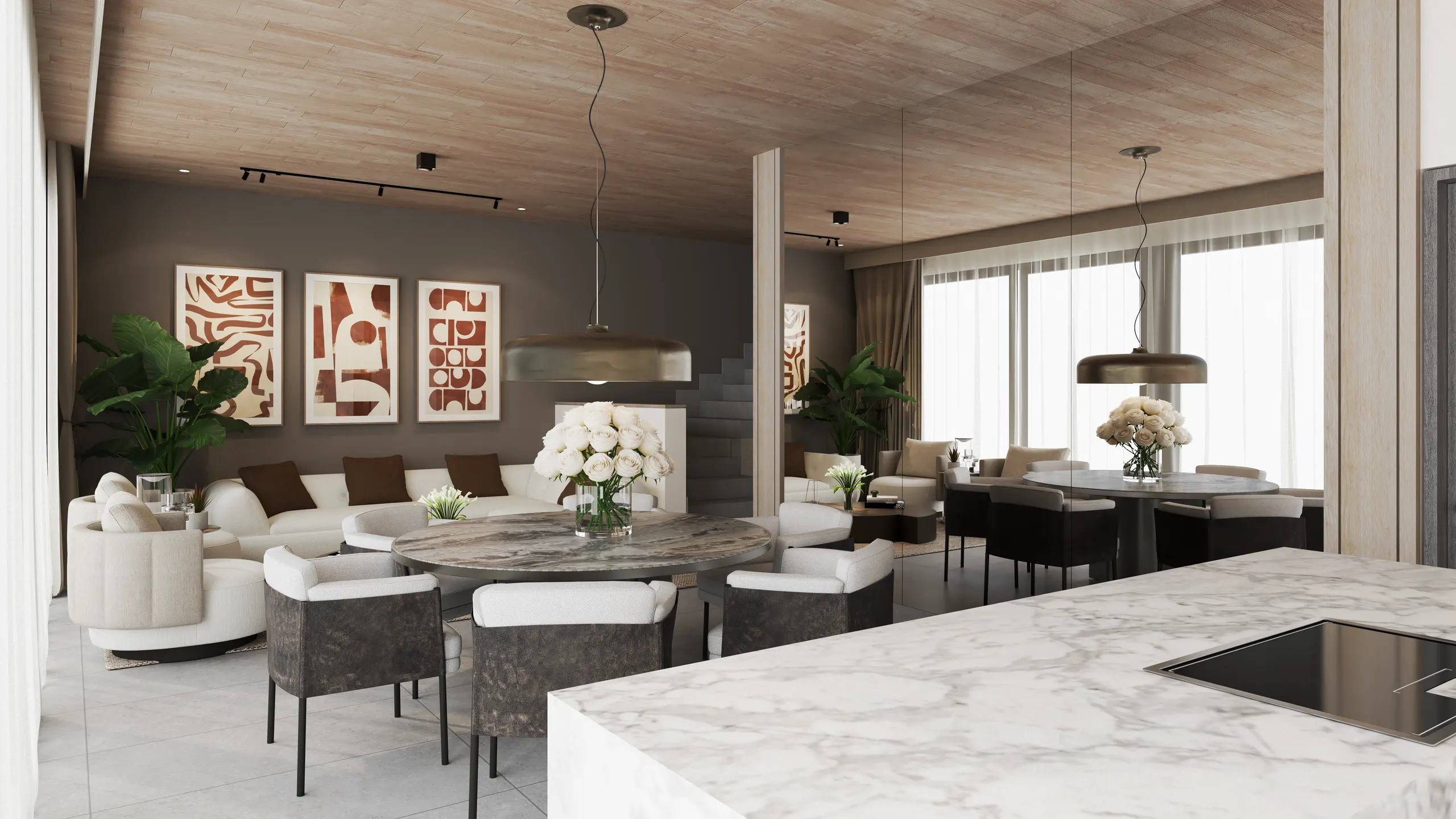 Estancia con textiles de lino y madera