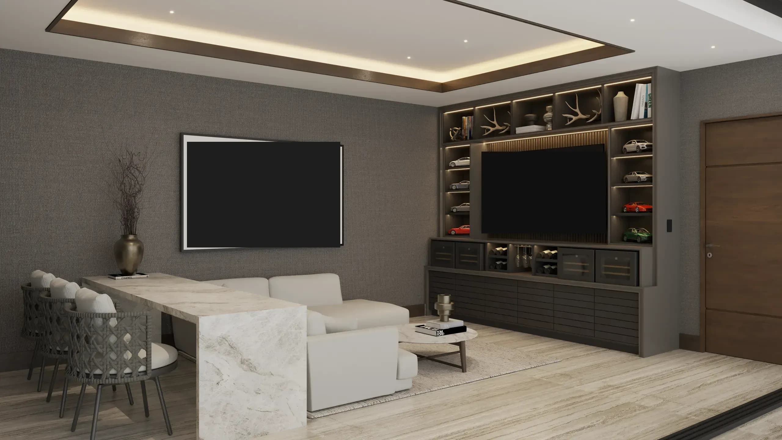 Mueble empotrado del lounge con mármol en cascada