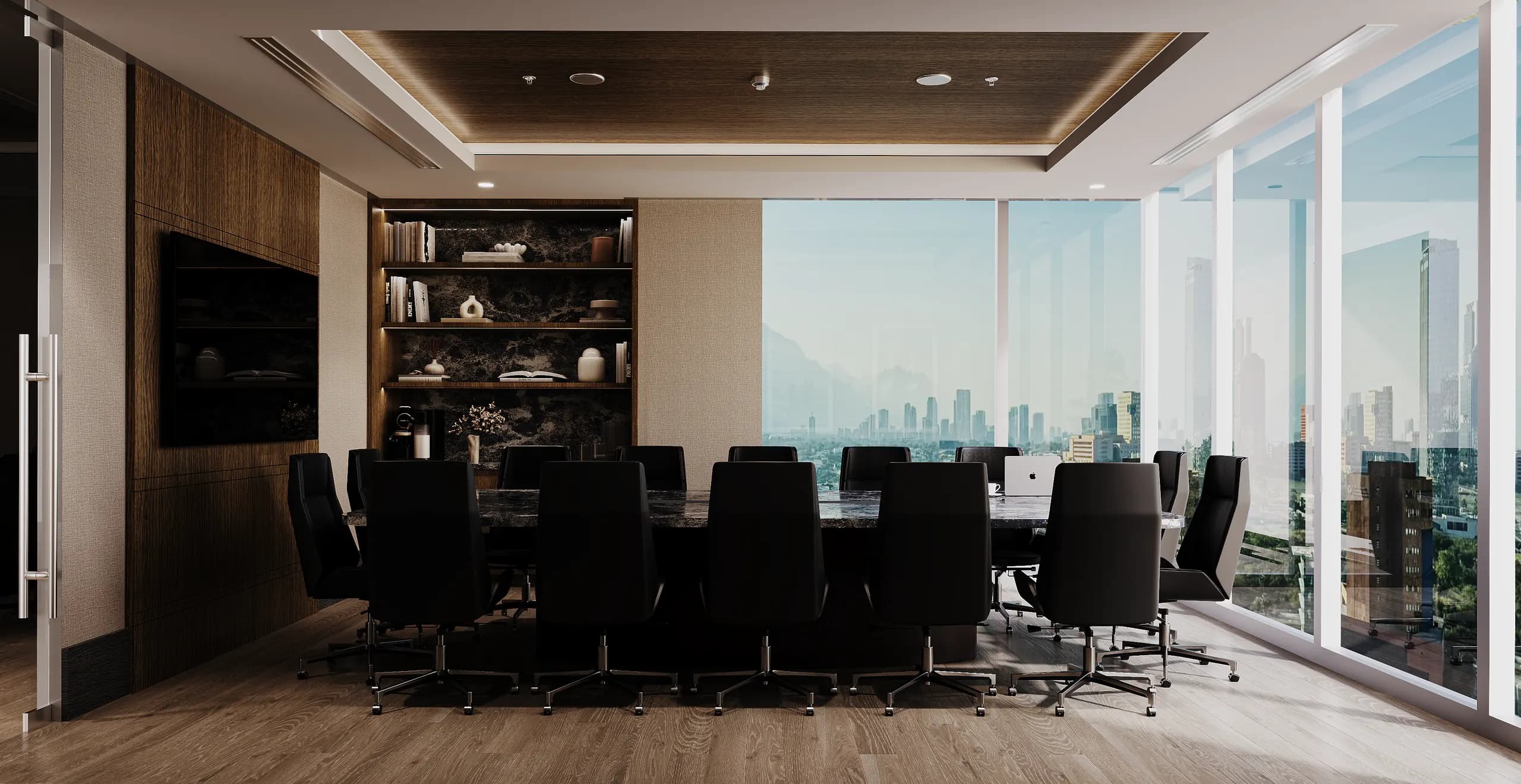 Sala de juntas con vista al skyline de Monterrey